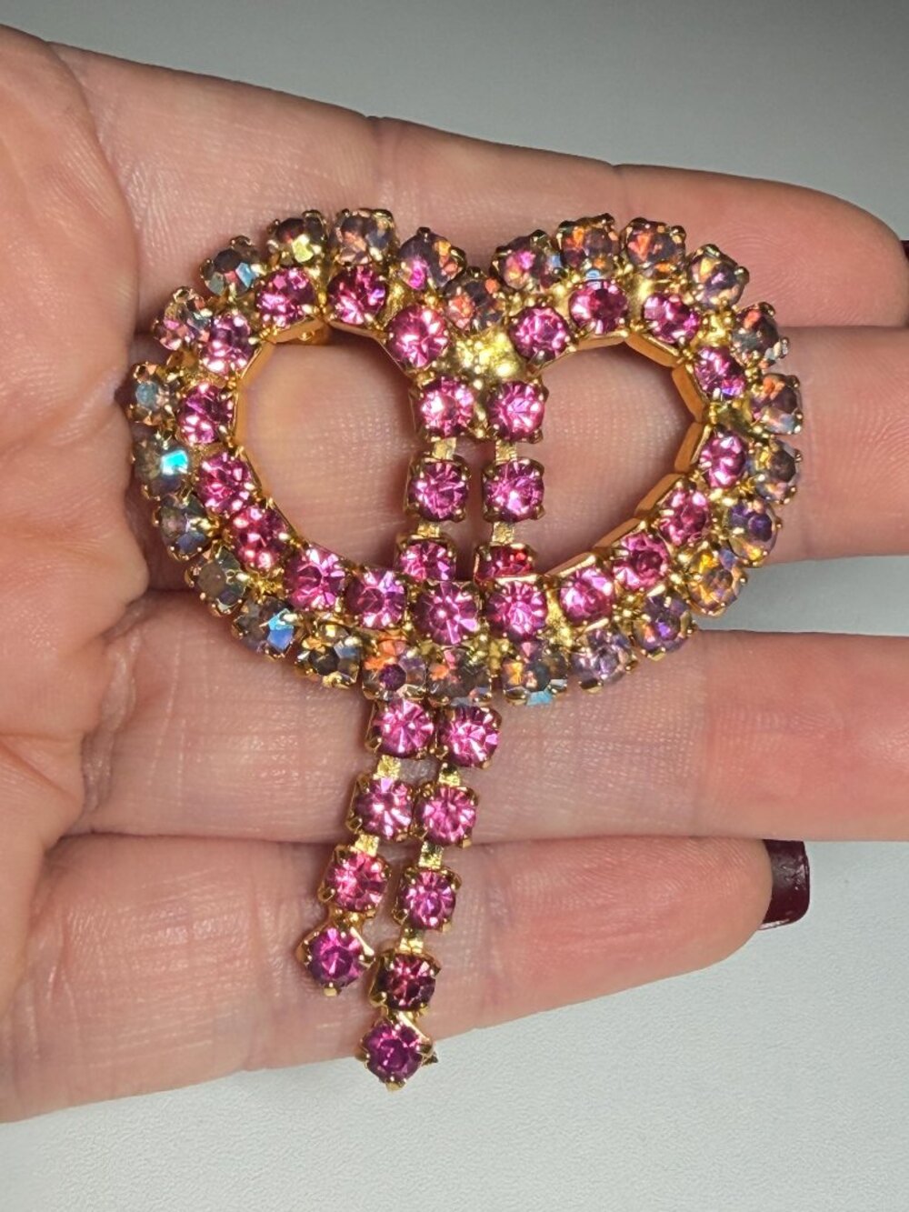 Vintage Pink Rhinestone Bow Brooch Articulated Dangle Ribbon Pin 2.25"